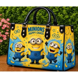 Minions Happy Chaos Cute Cartoon Yellow and Blue Fashion Leather Handbag