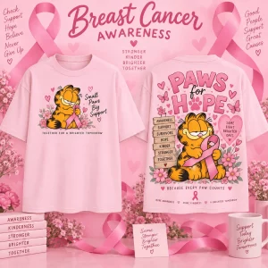 Garfield Breast Cancer Awareness Pink Ribbon Cute Graphic Double Sided T-Shirt Garfield Breast Cancer Awareness Pink Ribbon Cute Graphic Double Sided T-Shirt