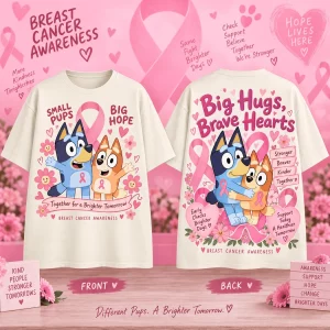 Bluey and Bingo Breast Cancer Awareness Big Hugs Brave Hearts Pink Ribbon T-Shirt