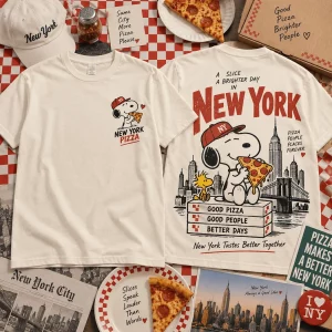 Snoopy New York Pizza Retro Cartoon Cream Graphic T-Shirt