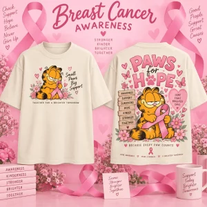 Garfield Breast Cancer Awareness Pink Ribbon Cute Graphic Double Sided T-Shirt