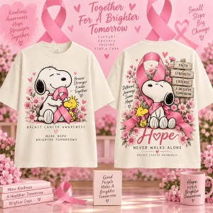 Snoopy Pink Ribbon Breast Cancer Awareness Hope Never Walks Alone Graphic T-Shirt