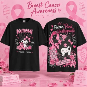 Kuromi Breast Cancer Awareness Pink Ribbon Graphic Cream T-Shirt