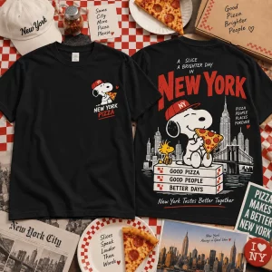 Snoopy New York Pizza Retro Cartoon Cream Graphic T-Shirt