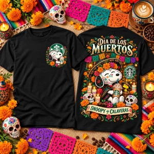 Snoopy Dia de los Muertos Starbucks Coffee Yellow Two-Sided Graphic T-Shirt