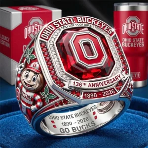 Ohio State Buckeyes 136th Anniversary (1890-2026) College Football Commemorative Legacy Championship Ring with Faceted Scarlet Ruby Gemstone