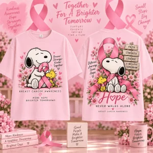 Snoopy Pink Ribbon Breast Cancer Awareness Hope Never Walks Alone Graphic T-Shirt