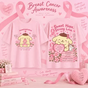 Pompompurin Breast Cancer Awareness Pink Ribbon Cute Kawaii Graphic T-Shirt