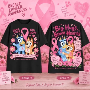 Bluey and Bingo Breast Cancer Awareness Big Hugs Brave Hearts Pink Ribbon T-Shirt Bluey and Bingo Breast Cancer Awareness Big Hugs Brave Hearts Pink Ribbon T-Shirt