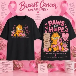 Garfield Breast Cancer Awareness Pink Ribbon Cute Graphic Double Sided T-Shirt