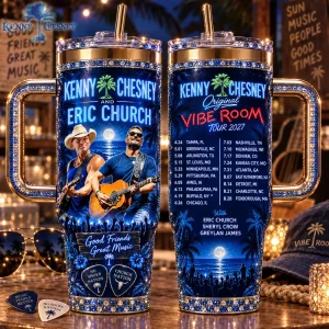 Kenny Chesney and Eric Church Vibe Room Tour 2027 Commemorative Country Music 3D Rhinestone Print Insulated Handle Tumbler