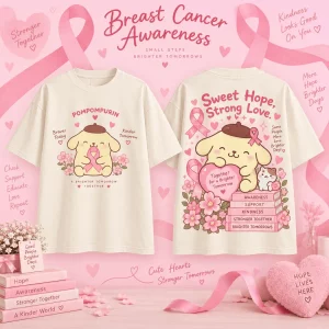 Pompompurin Breast Cancer Awareness Pink Ribbon Cute Kawaii Graphic T-Shirt