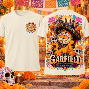 Garfield Dia de los Muertos Sugar Skull Yellow Festive Graphic T-Shirt