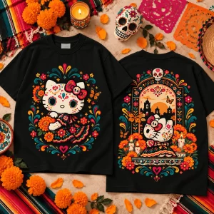 Hello Kitty Dia de los Muertos Sugar Skull Floral Yellow Graphic T-Shirt