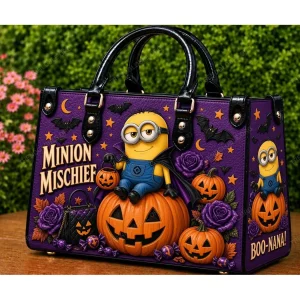 Minions Halloween Minion Mischief Spooky Vampire Pumpkin Purple Leather Handbag