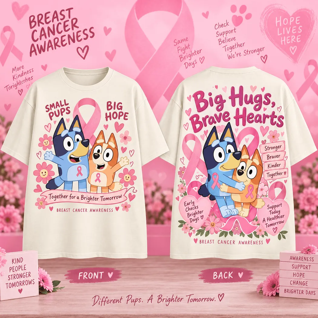 Bluey and Bingo Breast Cancer Awareness Big Hugs Brave Hearts Pink Ribbon T-Shirt Bluey and Bingo Breast Cancer Awareness Big Hugs Brave Hearts Pink Ribbon T-Shirt
