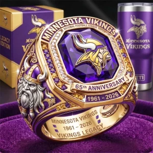 Minnesota Vikings 65th Anniversary (1961-2026) Commemorative Legacy Championship Ring with Faceted Purple Amethyst Gemstone