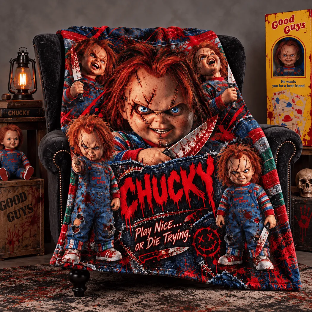 Chucky Childs Play Scarred Doll Play Nice Or Die Trying Horror Movie Fleece Blanket Chucky Childs Play Scarred Doll Play Nice Or Die Trying Horror Movie Fleece Blanket