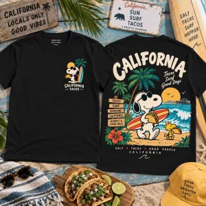 Snoopy and Woodstock California Surf Taco Retro Vintage Summer Beach Graphic T-Shirt