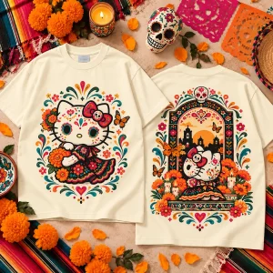 Hello Kitty Dia de los Muertos Sugar Skull Floral Yellow Graphic T-Shirt