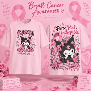Kuromi Breast Cancer Awareness Pink Ribbon Graphic Cream T-Shirt Kuromi Breast Cancer Awareness Pink Ribbon Graphic Cream T-Shirt