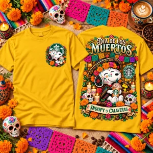 Snoopy Dia de los Muertos Starbucks Coffee Yellow Two-Sided Graphic T-Shirt