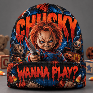 Childs Play Chucky Wanna Play Horror Slasher All-Over Print Knit Cuffed Beanie Hat