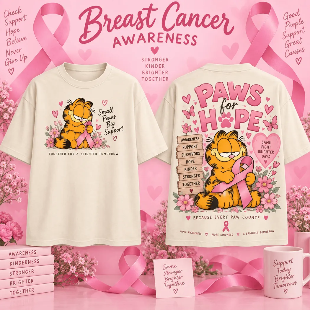 Garfield Breast Cancer Awareness Pink Ribbon Cute Graphic Double Sided T-Shirt Garfield Breast Cancer Awareness Pink Ribbon Cute Graphic Double Sided T-Shirt