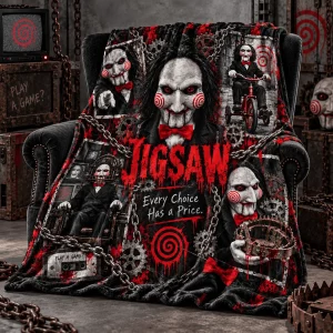 Saw Billy the Puppet Jigsaw Horror Movie Red Spiral Fleece Blanket