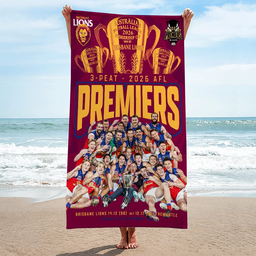 Brisbane Lions 2026 AFL Premiers Three-Peat Squad Match Scoreline Microfiber Beach Towel Brisbane Lions 2026 AFL Premiers Three-Peat Squad Match Scoreline Microfiber Beach Towel