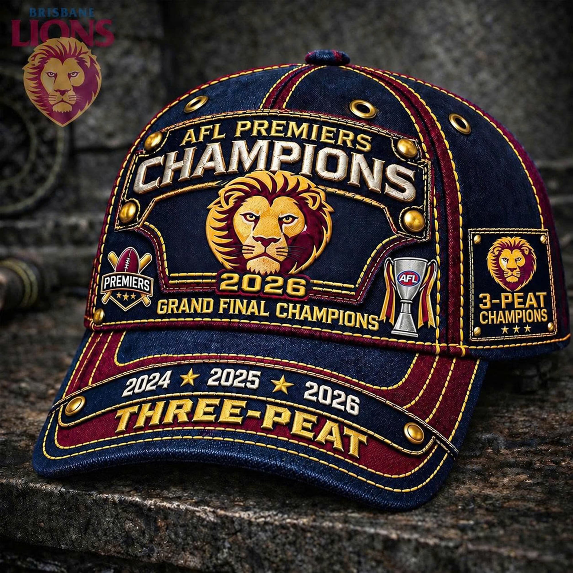 Brisbane Lions 2026 AFL Premiers Three-Peat Denim Stitched Baseball Cap Brisbane Lions 2026 AFL Premiers Three-Peat Denim Stitched Baseball Cap