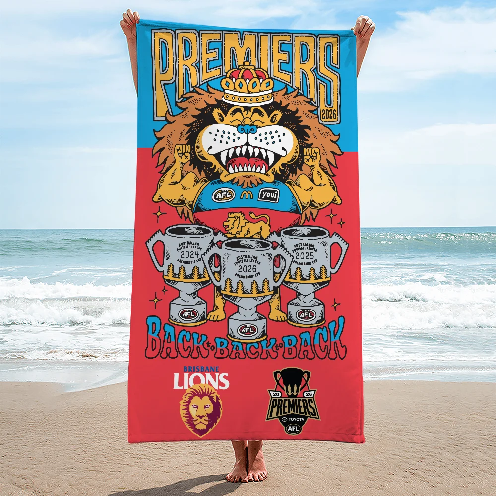 Brisbane Lions Three-Peat Back-To-Back-To-Back 2024-2026 AFL Premiers Cartoon Mascot Microfiber Beach Towel Brisbane Lions Three-Peat Back-To-Back-To-Back 2024-2026 AFL Premiers Cartoon Mascot Microfiber Beach Towel