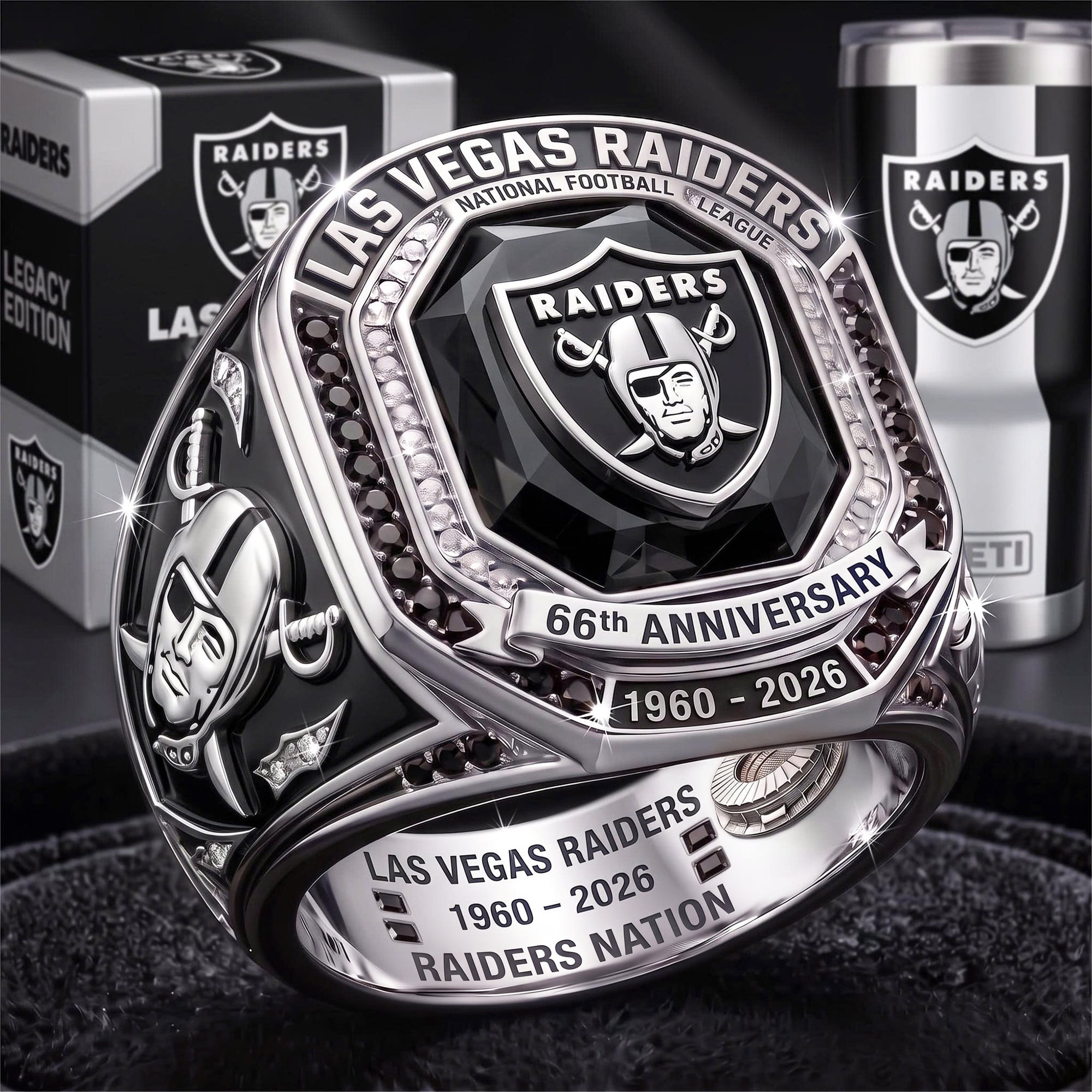 Las Vegas Raiders 66th Anniversary 1960-2026 Black Onyx Silver NFL Championship Ring Las Vegas Raiders 66th Anniversary 1960-2026 Black Onyx Silver NFL Championship Ring