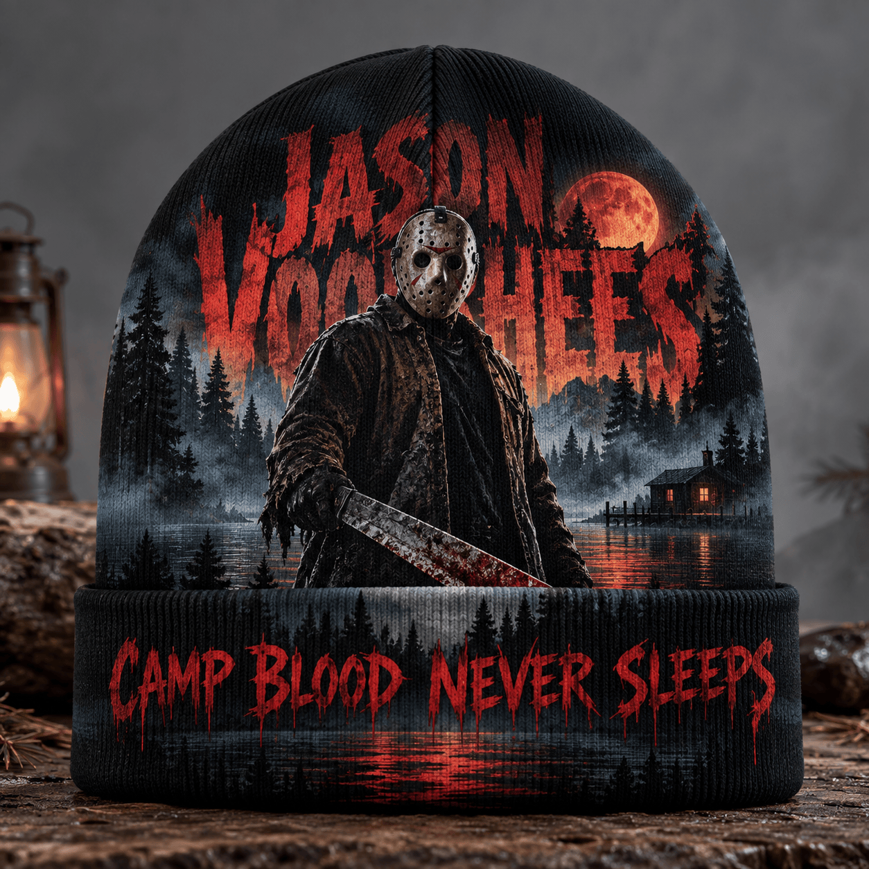 Friday The 13th Jason Voorhees Camp Blood Never Sleeps Slasher All-Over Print Knit Cuffed Beanie Hat Friday The 13th Jason Voorhees Camp Blood Never Sleeps Slasher All-Over Print Knit Cuffed Beanie Hat