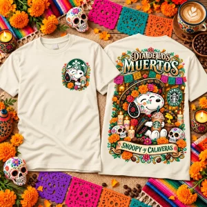 Snoopy Dia de los Muertos Starbucks Coffee Yellow Two-Sided Graphic T-Shirt
