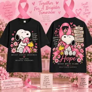 Snoopy Pink Ribbon Breast Cancer Awareness Hope Never Walks Alone Graphic T-Shirt