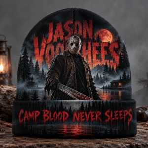 Friday The 13th Jason Voorhees Camp Blood Never Sleeps Slasher All-Over Print Knit Cuffed Beanie Hat