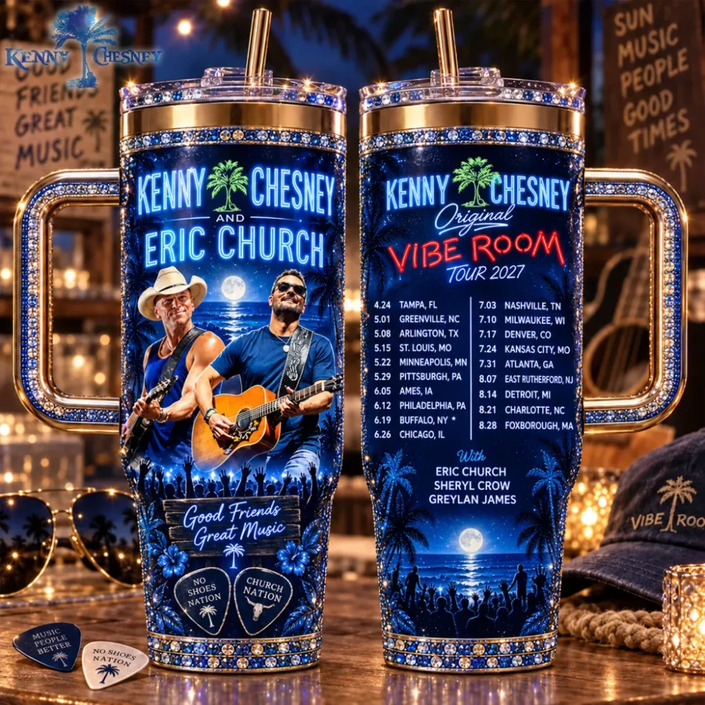 Kenny Chesney and Eric Church Vibe Room Tour 2027 Commemorative Country Music 3D Rhinestone Print Insulated Handle Tumbler