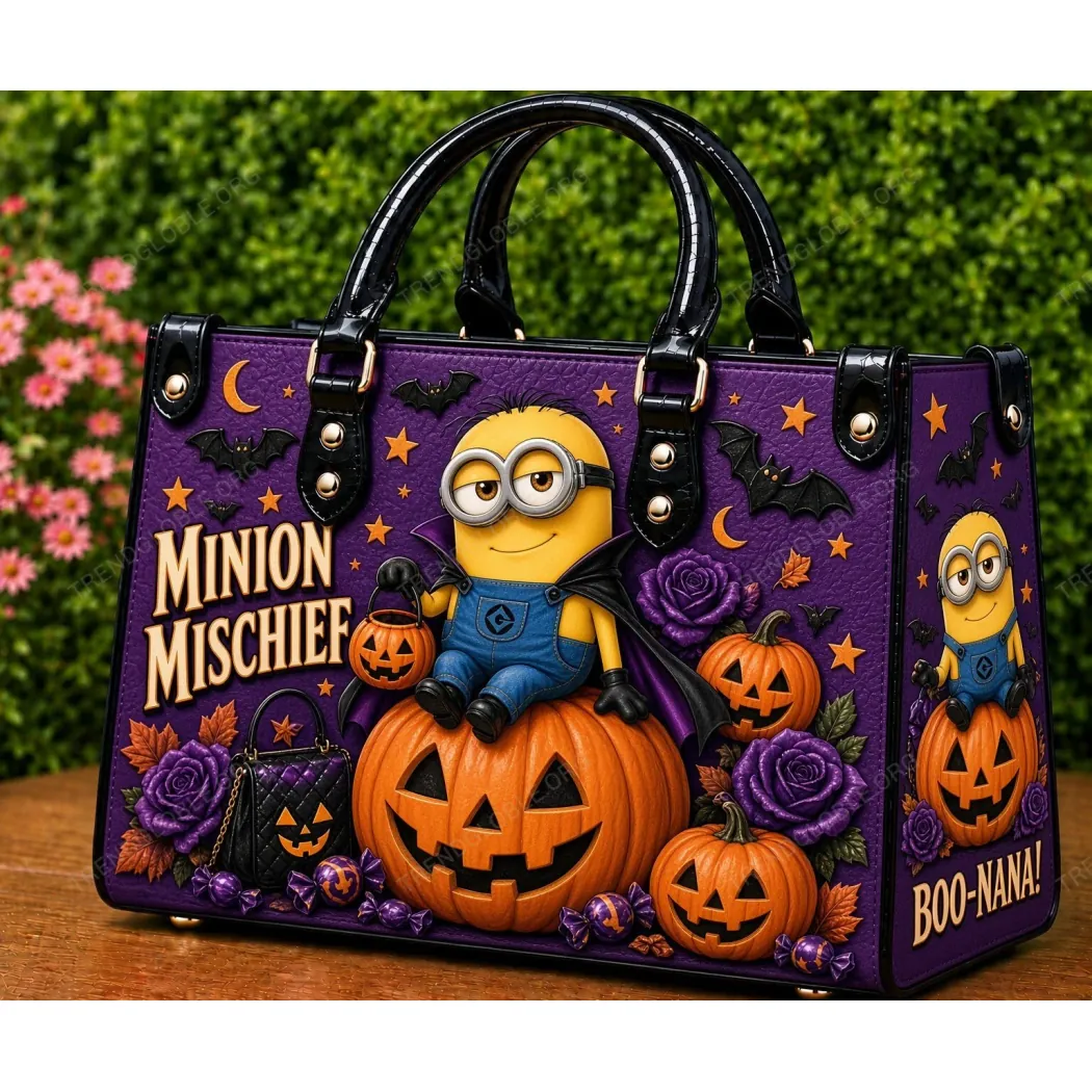 Minions Halloween Minion Mischief Spooky Vampire Pumpkin Purple Leather Handbag Minions Halloween Minion Mischief Spooky Vampire Pumpkin Purple Leather Handbag