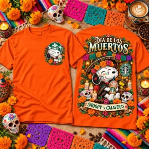 Snoopy Dia de los Muertos Starbucks Coffee Yellow Two-Sided Graphic T-Shirt