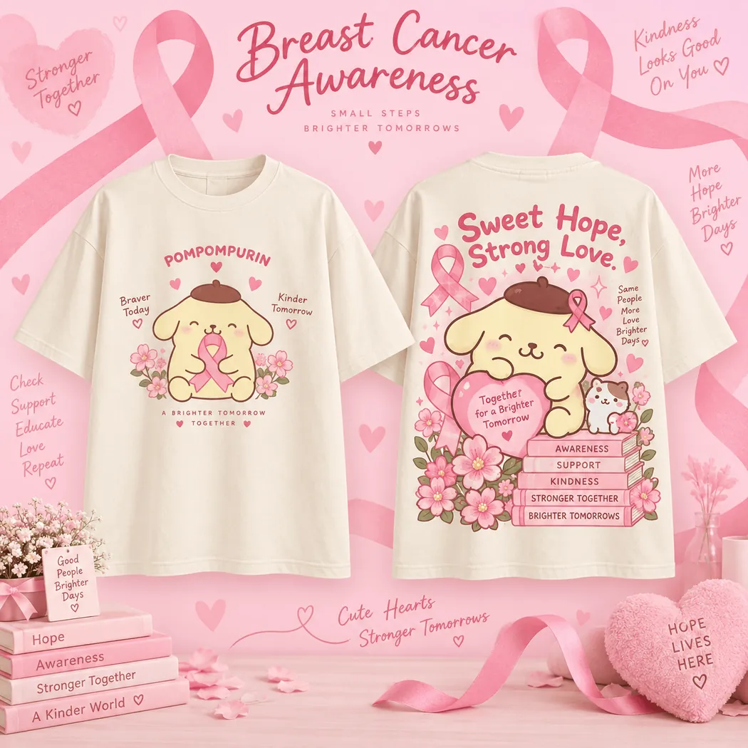Pompompurin Breast Cancer Awareness Pink Ribbon Cute Kawaii Graphic T-Shirt Pompompurin Breast Cancer Awareness Pink Ribbon Cute Kawaii Graphic T-Shirt