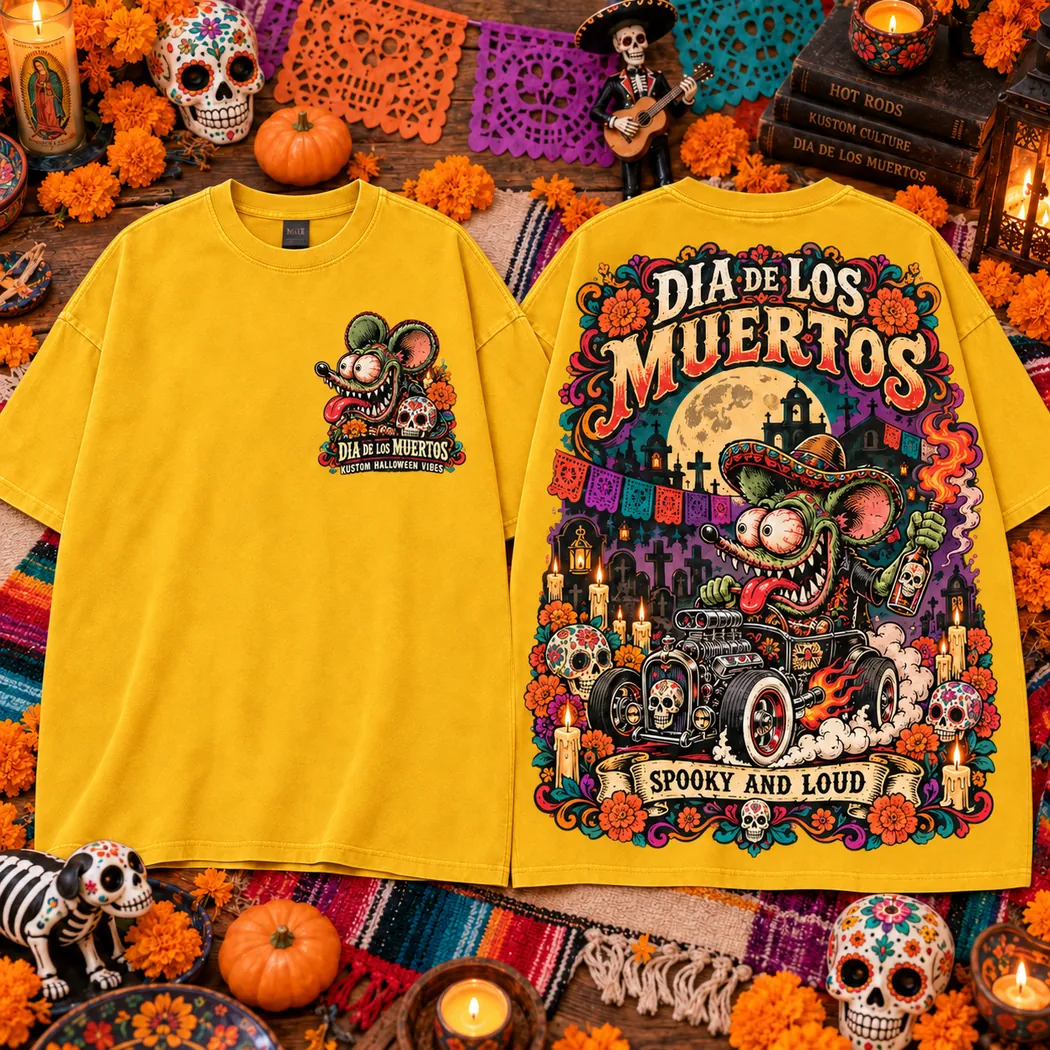 Rat Fink Dia De Los Muertos Hot Rod Spooky Halloween Graphic T-Shirt Rat Fink Dia De Los Muertos Hot Rod Spooky Halloween Graphic T-Shirt
