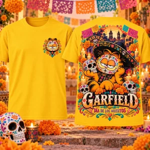 Garfield Dia de los Muertos Sugar Skull Yellow Festive Graphic T-Shirt