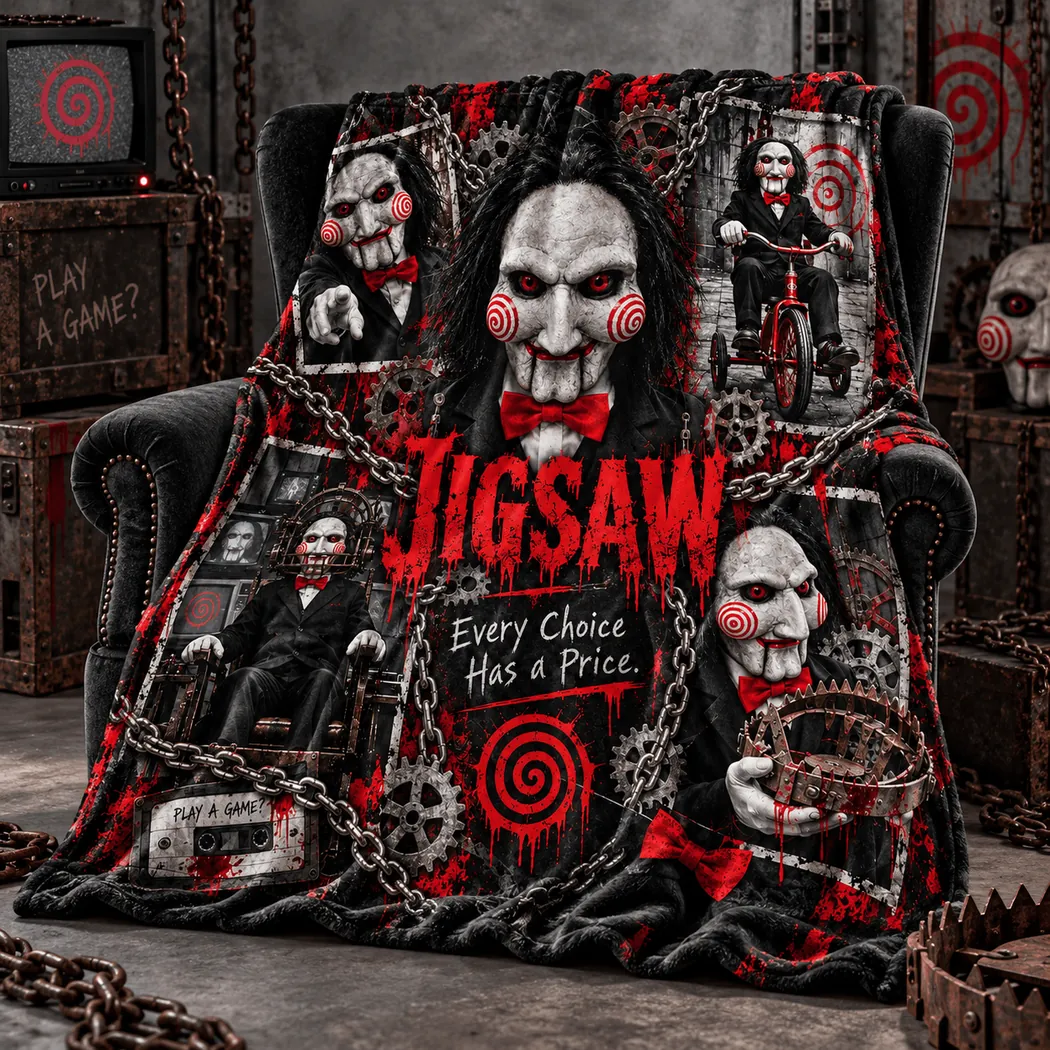 Saw Billy the Puppet Jigsaw Horror Movie Red Spiral Fleece Blanket Saw Billy the Puppet Jigsaw Horror Movie Red Spiral Fleece Blanket