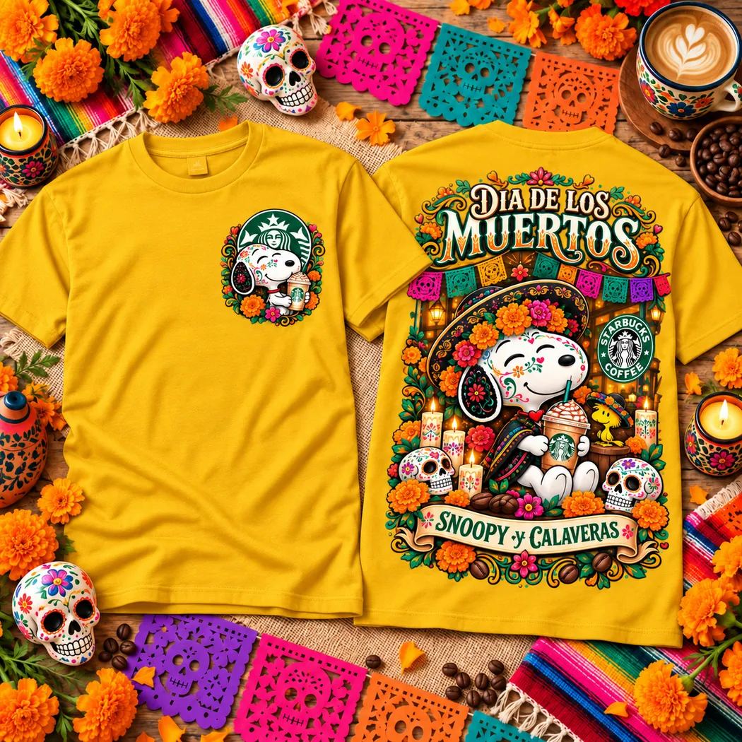 Snoopy Dia de los Muertos Starbucks Coffee Yellow Two-Sided Graphic T-Shirt Snoopy Dia de los Muertos Starbucks Coffee Yellow Two-Sided Graphic T-Shirt