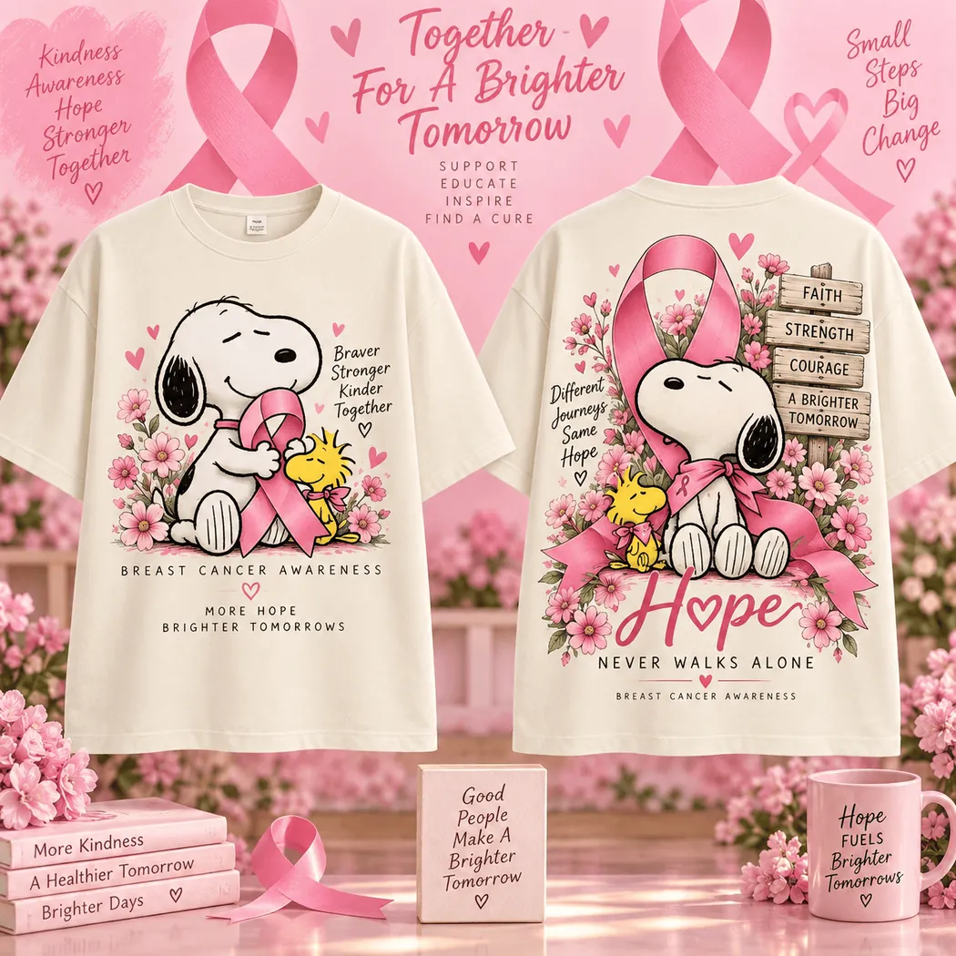 Snoopy Pink Ribbon Breast Cancer Awareness Hope Never Walks Alone Graphic T-Shirt Snoopy Pink Ribbon Breast Cancer Awareness Hope Never Walks Alone Graphic T-Shirt