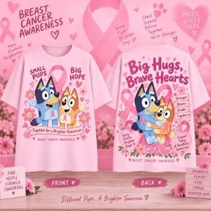 Bluey and Bingo Breast Cancer Awareness Big Hugs Brave Hearts Pink Ribbon T-Shirt
