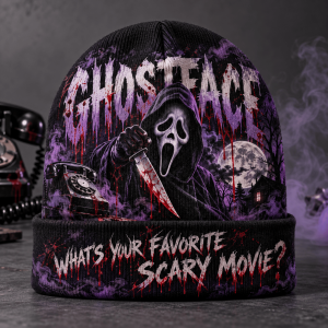 Scream Ghostface Whats Your Favorite Scary Movie Horror Slasher All-Over Print Knit Cuffed Beanie Hat
