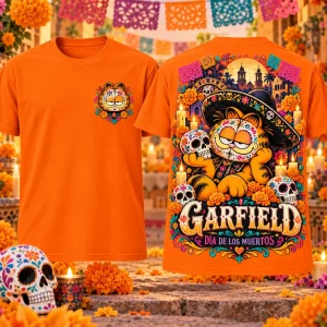 Garfield Dia de los Muertos Sugar Skull Yellow Festive Graphic T-Shirt