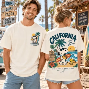 Snoopy and Woodstock California Surf Taco Retro Vintage Summer Beach Graphic T-Shirt